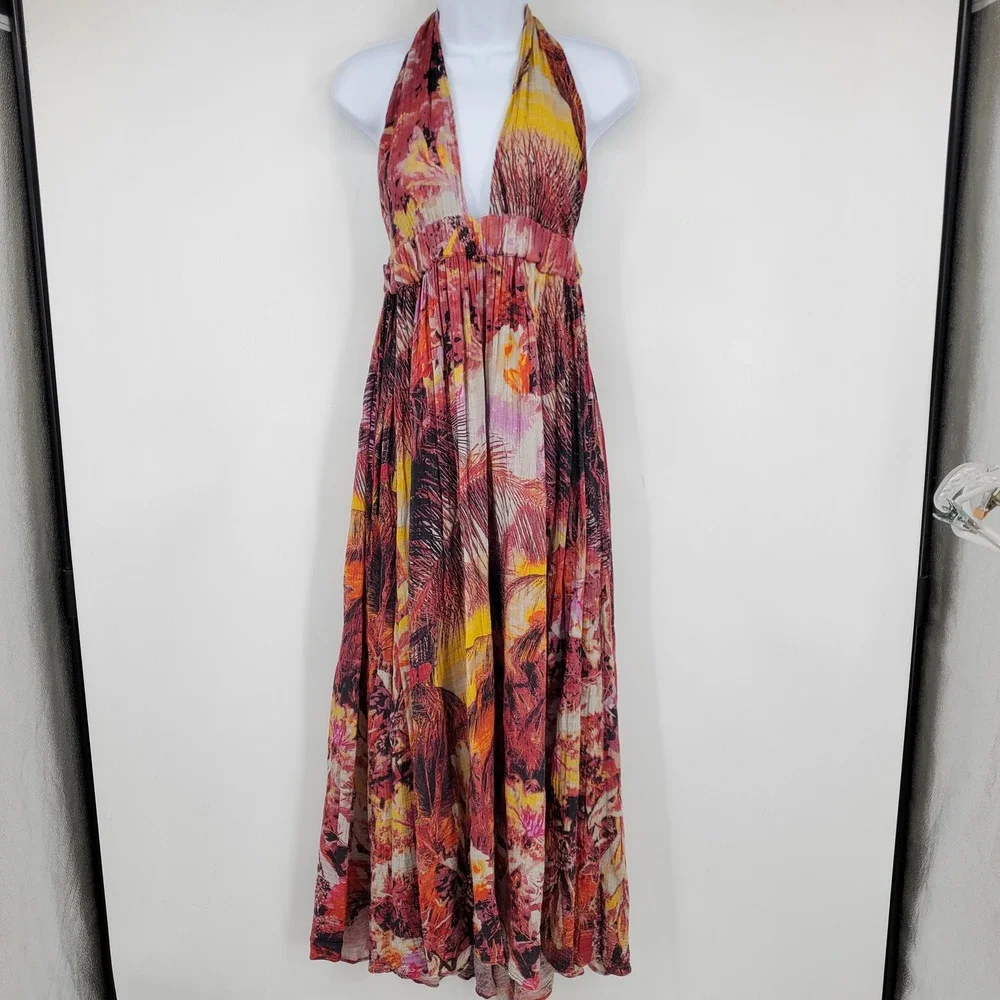 Free People Mika‎ Sunset Dreams Open Back Maxi Halter Boho Resort Dress Small